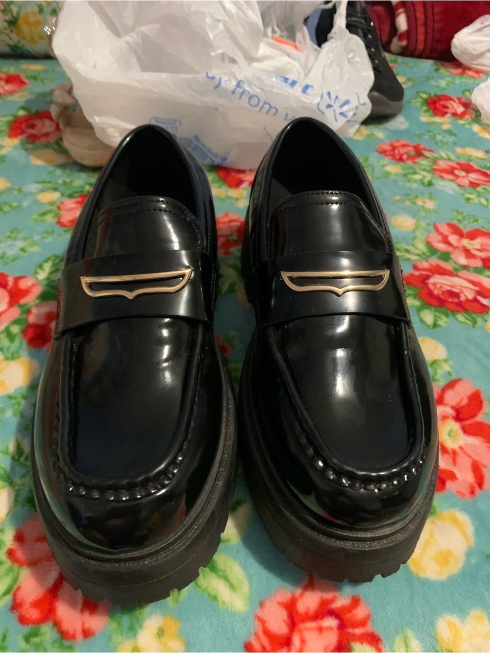 ASOS Black Patent Loafers with Gold Trim